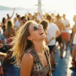 Happy female tourist laughing and dancing at a sunny boat party in Pula Croatia during music festival season