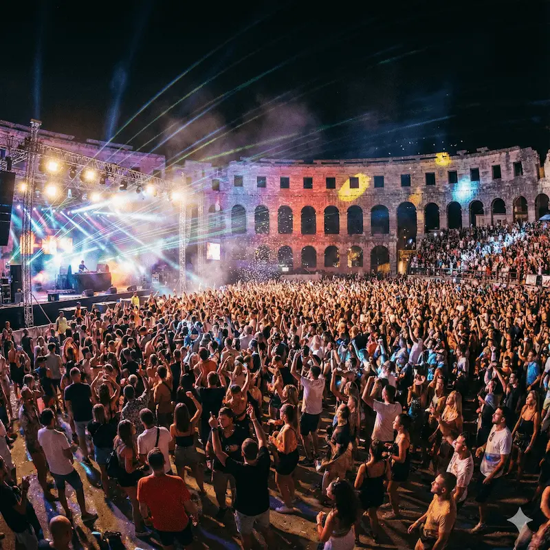 Massive electronic music festival party at Pula Arena Roman amphitheater at night