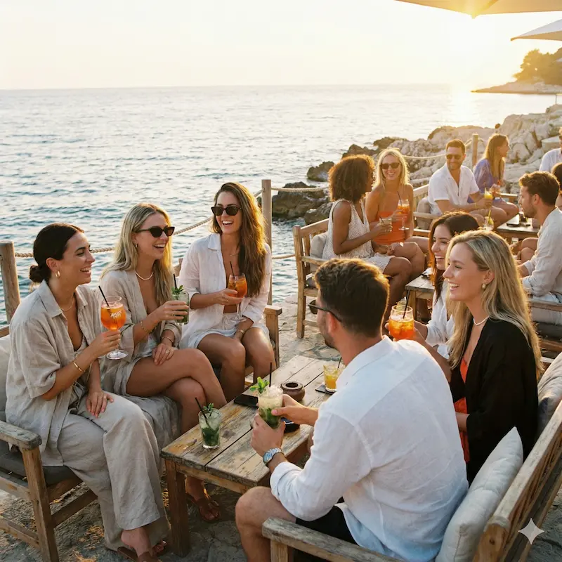 Friends enjoying sunset cocktails at a beach bar in Pula Croatia by the sea