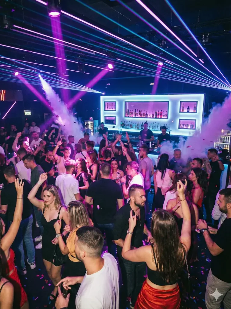 Crowd dancing at the best nightclubs in Pula Croatia with neon lights and techno music