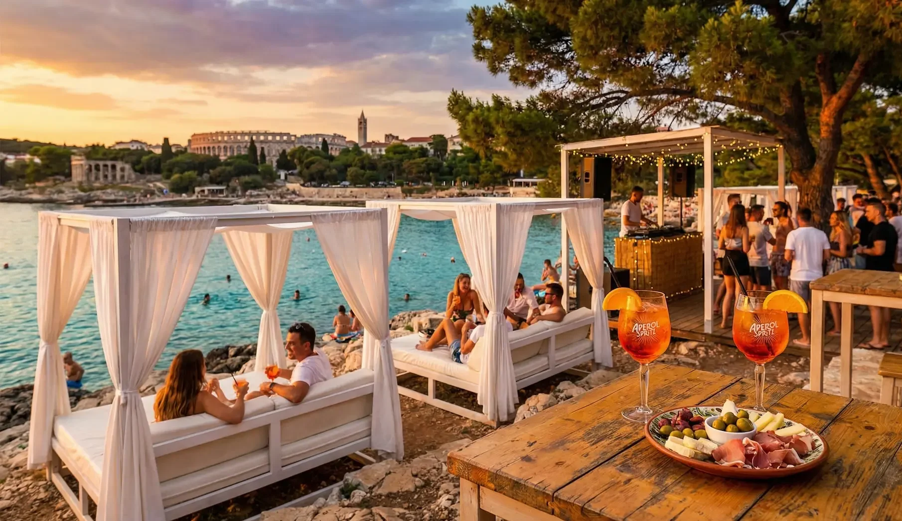 beach club people drinking seaside