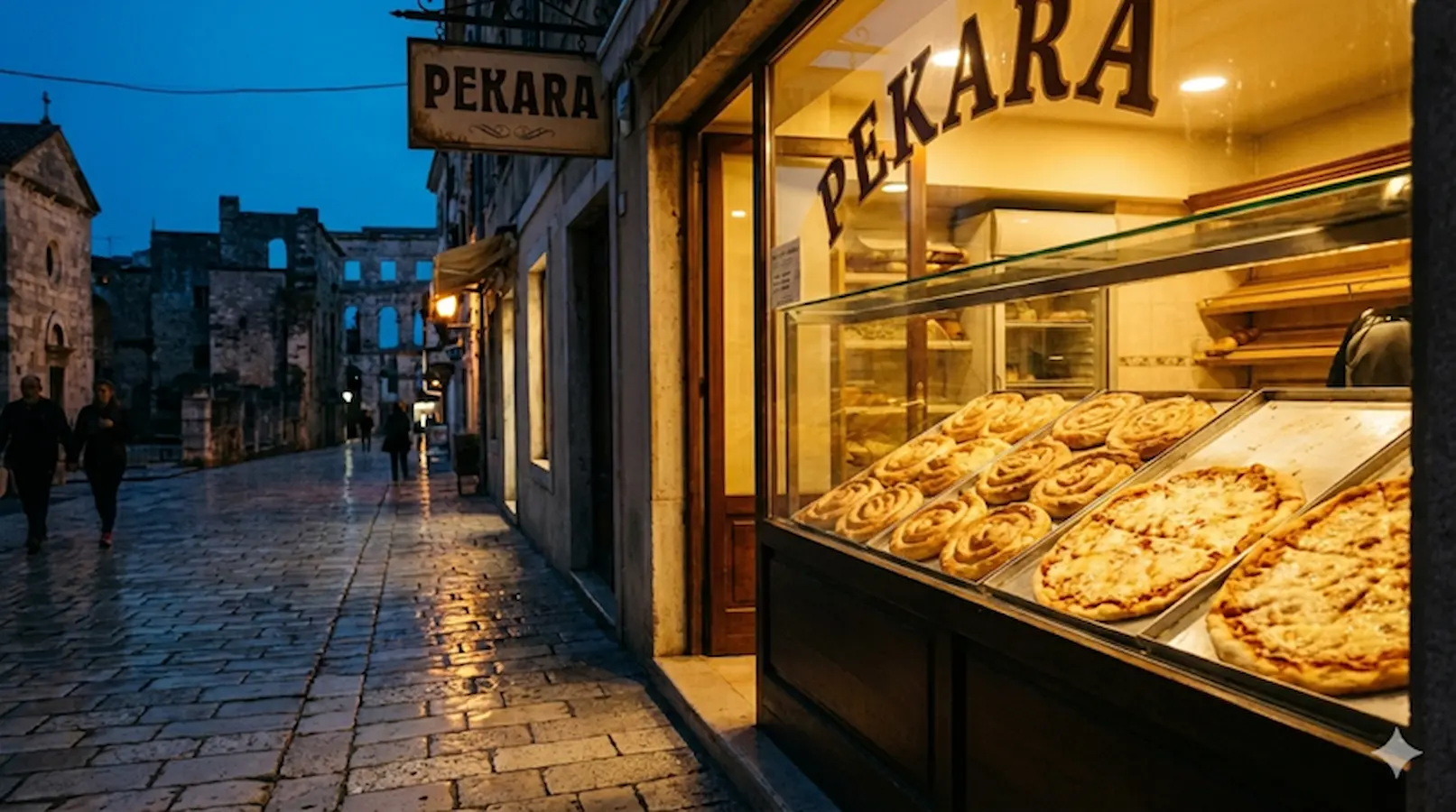 Bakery display with baked goods.