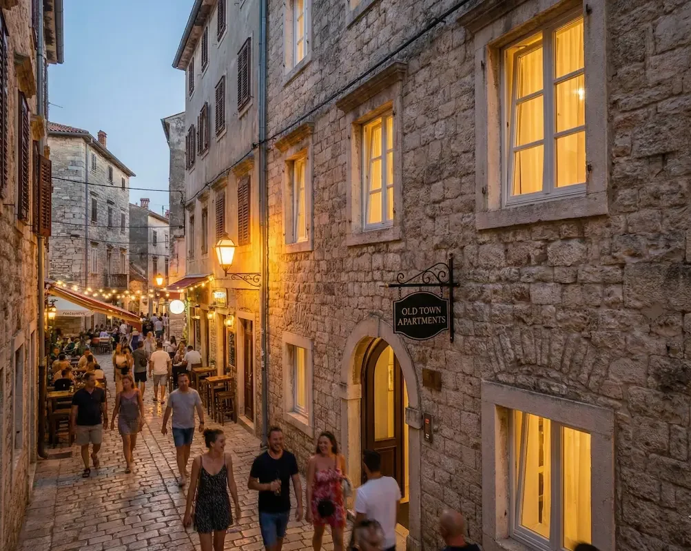 Charming cobblestone street at dusk.
