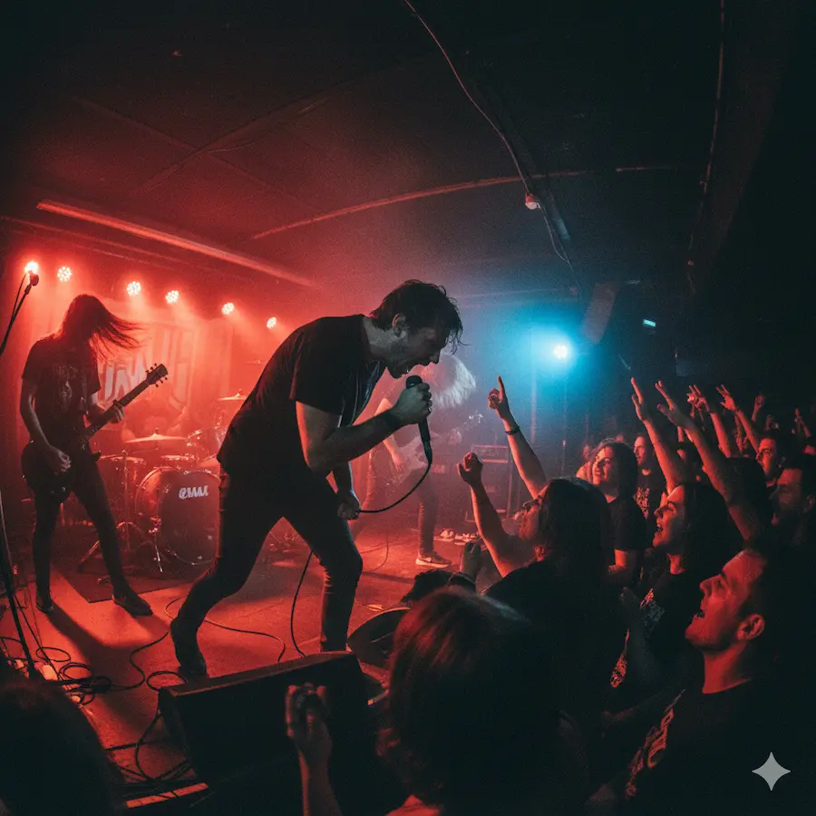 Energetic live performance with fans