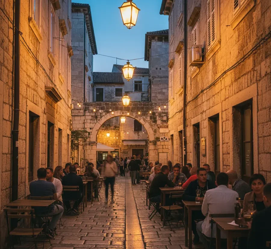 Charming evening street with diners.